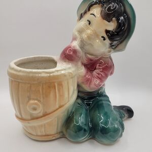 Charming Ceramic Boy with Barrel Planter